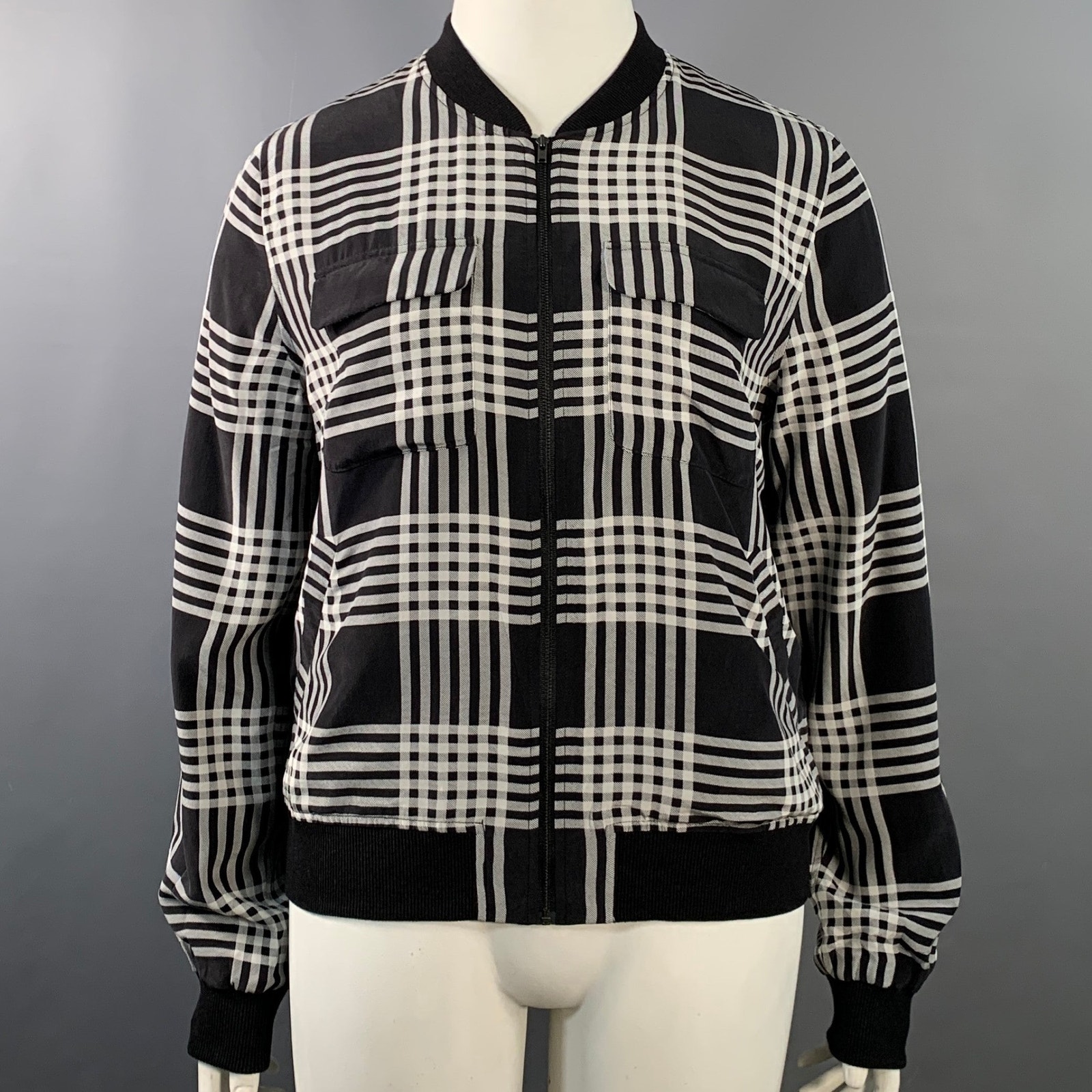 Equipment Size L Black White Silk Plaid Zip Up Bomber Jacket